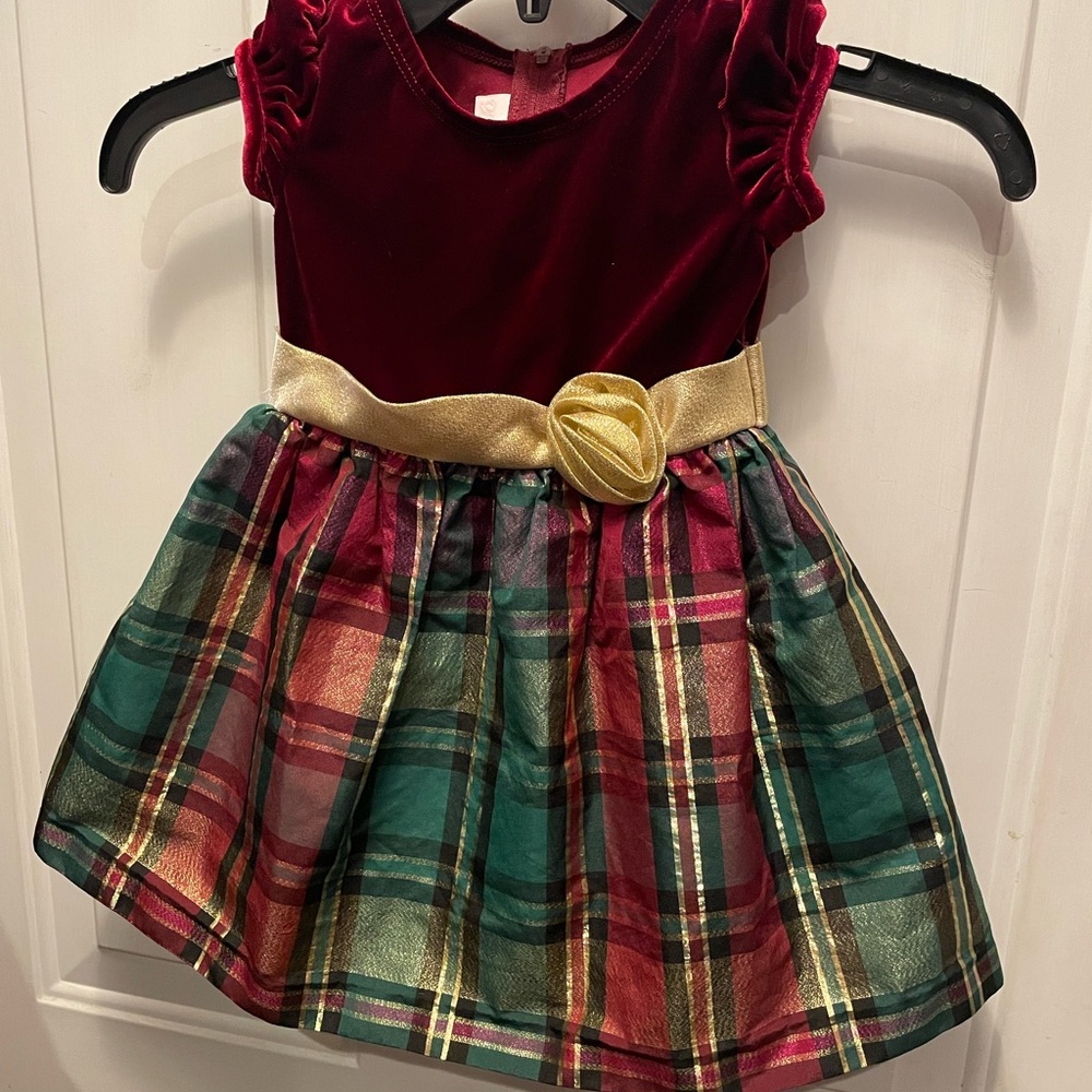 Bonnie Baby Red Velvet Plaid Dress with Gold Accent